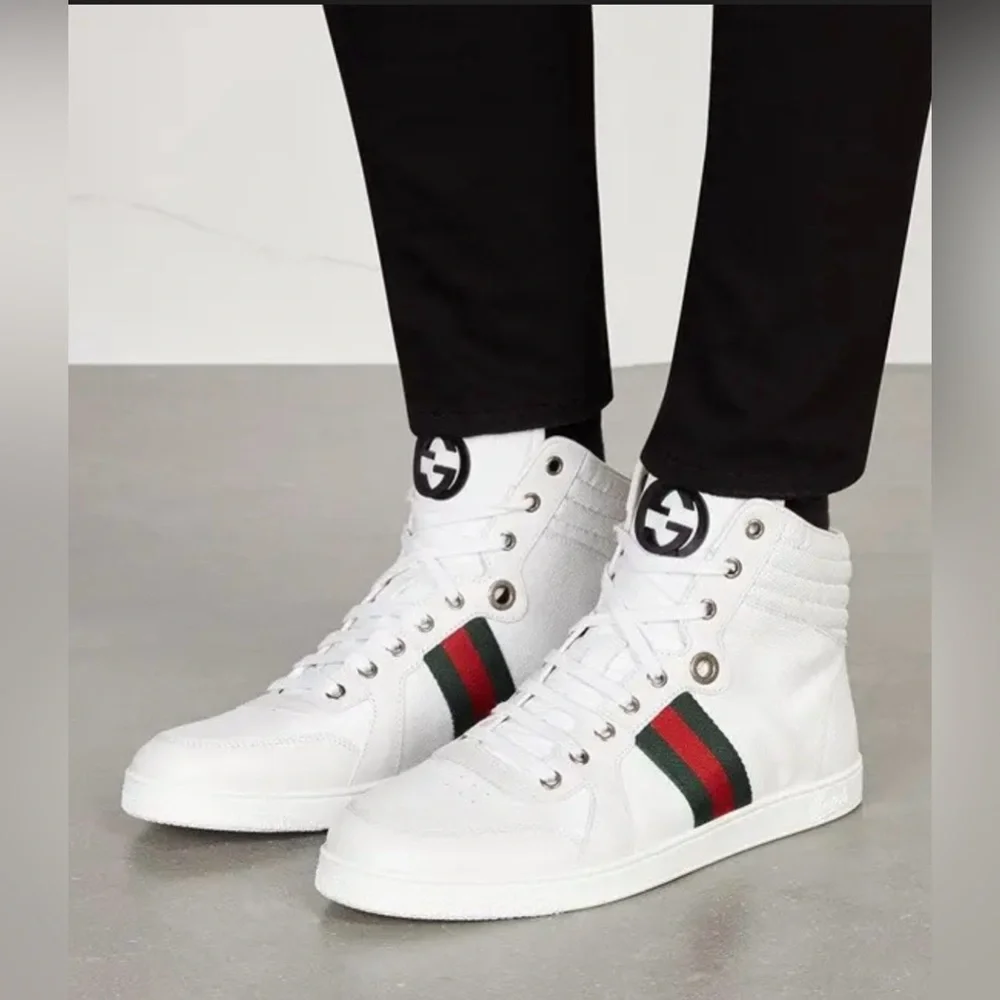Gucci White High-Top Sneakers with Green and Red Web Stripe - Picture 1 of 12